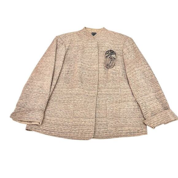 Due Per Due Brown Tweed Textured Blazer Brown Jacket Flower Accent Size 20 - Picture 1 of 8